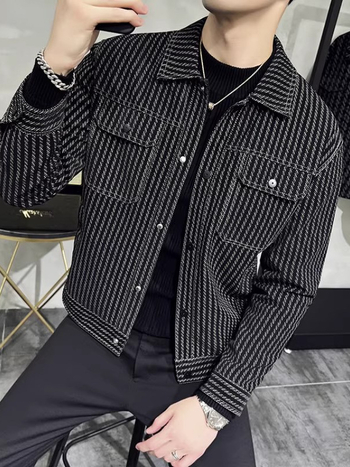 Jachetă bărbătească din PU cu dungi, stil casual, croială slim, guler rever, primăvară-toamnă