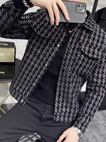 Jachetă bărbătească din PU cu dungi, stil casual, croială slim, guler rever, primăvară-toamnă