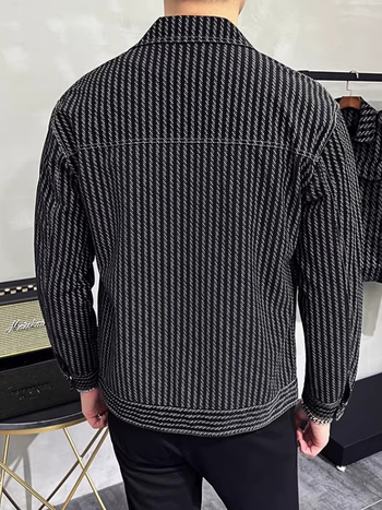 Jachetă bărbătească din PU cu dungi, stil casual, croială slim, guler rever, primăvară-toamnă