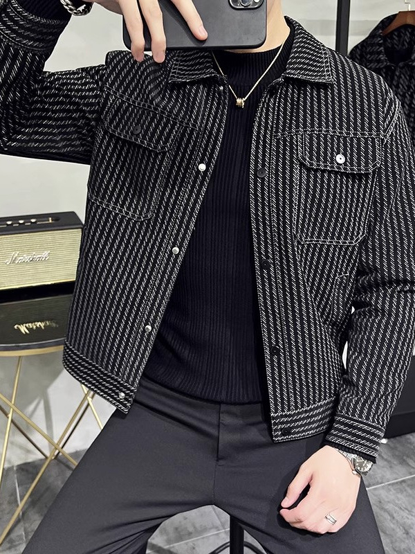 Jachetă bărbătească din PU cu dungi, stil casual, croială slim, guler rever, primăvară-toamnă