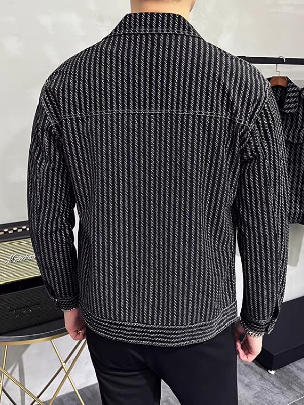 Jachetă bărbătească din PU cu dungi, stil casual, croială slim, guler rever, primăvară-toamnă