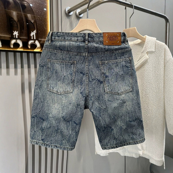 Shorts din denim jacquard, model în valuri, stil american pentru bărbați, vară, casual până la genunchi