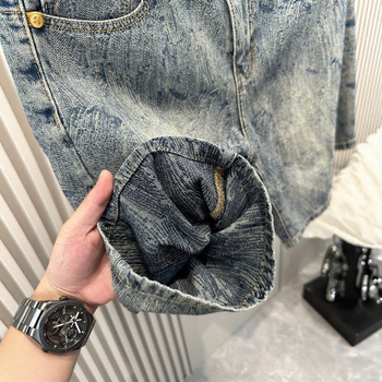 Shorts din denim jacquard, model în valuri, stil american pentru bărbați, vară, casual până la genunchi