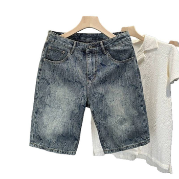 Shorts din denim jacquard, model în valuri, stil american pentru bărbați, vară, casual până la genunchi
