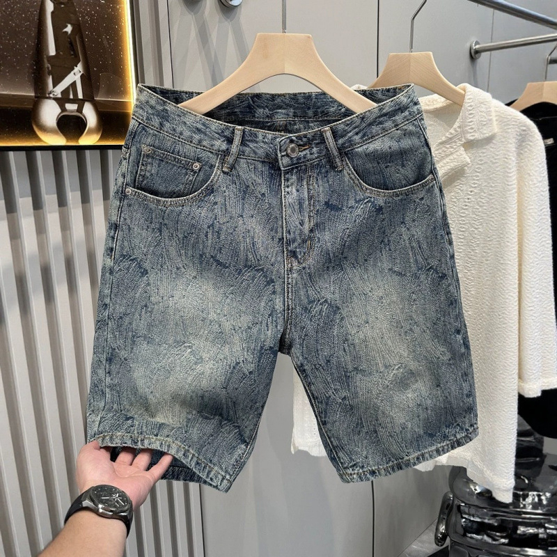 Shorts din denim jacquard, model în valuri, stil american pentru bărbați, vară, casual până la genunchi