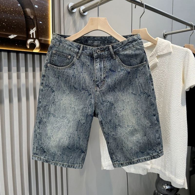Shorts din denim jacquard, model în valuri, stil american pentru bărbați, vară, casual până la genunchi