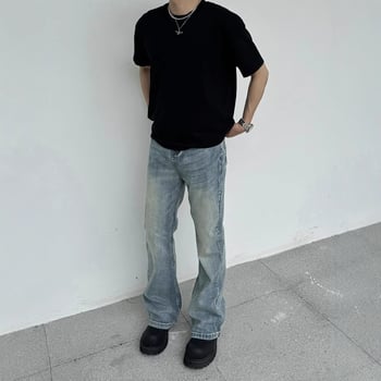 Jean bărbătesc din denim albastru deschis, croială dreaptă, talie medie, croială lejeră, stil casual retro