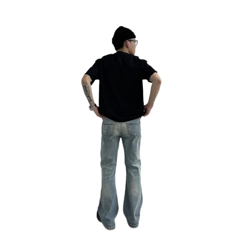 Jean bărbătesc din denim albastru deschis, croială dreaptă, talie medie, croială lejeră, stil casual retro