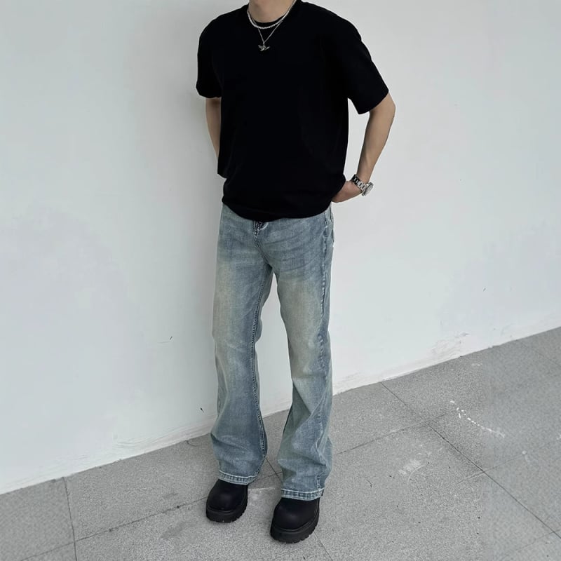 Jean bărbătesc din denim albastru deschis, croială dreaptă, talie medie, croială lejeră, stil casual retro