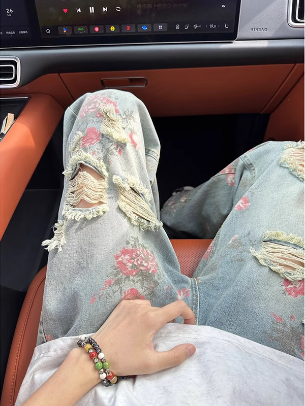 Blugi denim pentru bărbați, imprimeu floral și rupți, croială lejeră, drept