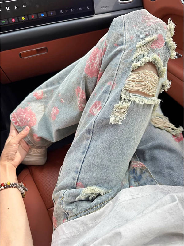 Blugi denim pentru bărbați, imprimeu floral și rupți, croială lejeră, drept