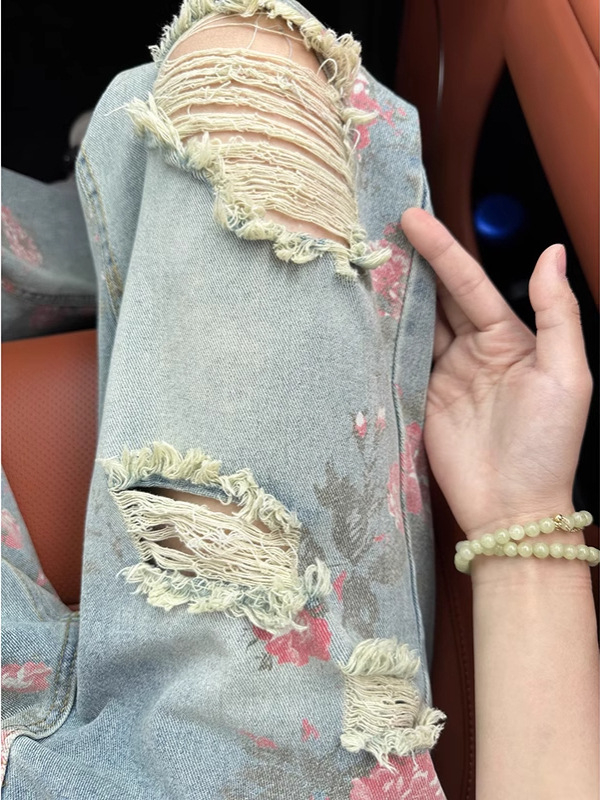 Blugi denim pentru bărbați, imprimeu floral și rupți, croială lejeră, drept