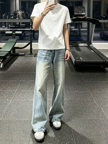 Jeans albaștri americani drepti pentru bărbați Cleanfit micro-flare vibrație urbană de vară