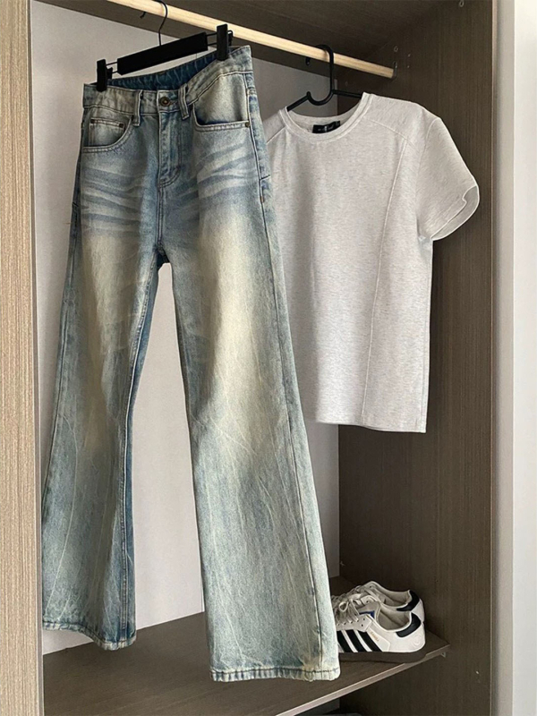 Jeans albaștri americani drepti pentru bărbați Cleanfit micro-flare vibrație urbană de vară