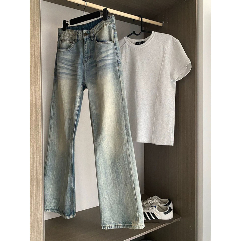 Jeans albaștri americani drepti pentru bărbați Cleanfit micro-flare vibrație urbană de vară
