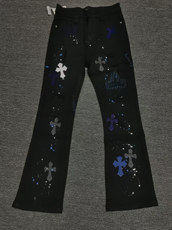 Blugi pentru bărbați, stil american, de înaltă calitate, croială ușor conică, broderie cross-stitch și paiete, streetwear casual de lux.