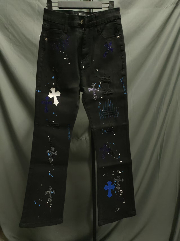 Blugi pentru bărbați, stil american, de înaltă calitate, croială ușor conică, broderie cross-stitch și paiete, streetwear casual de lux.