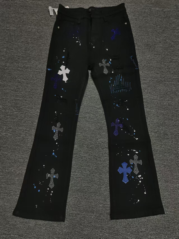 Blugi pentru bărbați, stil american, de înaltă calitate, croială ușor conică, broderie cross-stitch și paiete, streetwear casual de lux.