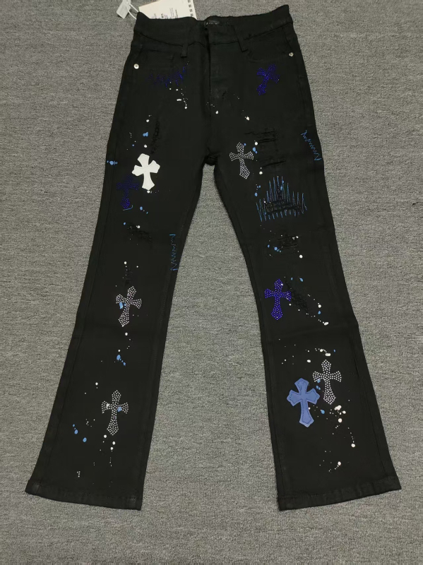 Blugi pentru bărbați, stil american, de înaltă calitate, croială ușor conică, broderie cross-stitch și paiete, streetwear casual de lux.