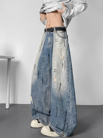Blugi bărbați din denim, cu efect vopsire în cerneală și uzură, finisaj spălat, croială dreaptă lejeră, stil streetwear