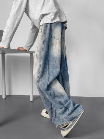 Blugi bărbați din denim, cu efect vopsire în cerneală și uzură, finisaj spălat, croială dreaptă lejeră, stil streetwear