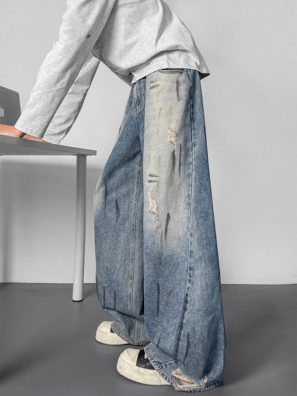 Blugi bărbați din denim, cu efect vopsire în cerneală și uzură, finisaj spălat, croială dreaptă lejeră, stil streetwear