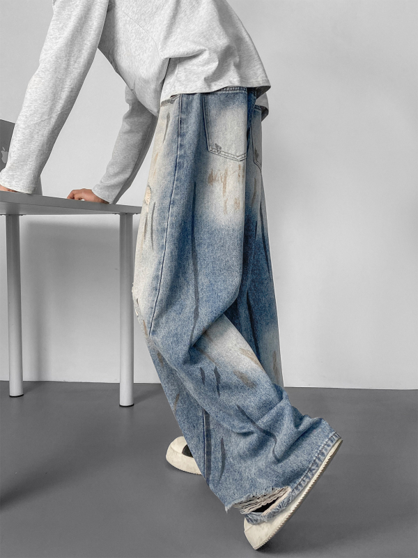 Blugi bărbați din denim, cu efect vopsire în cerneală și uzură, finisaj spălat, croială dreaptă lejeră, stil streetwear