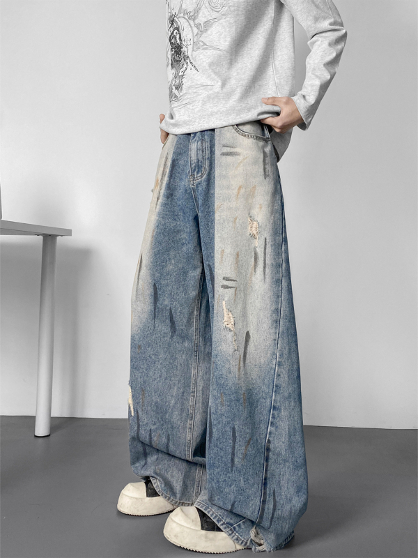 Blugi bărbați din denim, cu efect vopsire în cerneală și uzură, finisaj spălat, croială dreaptă lejeră, stil streetwear