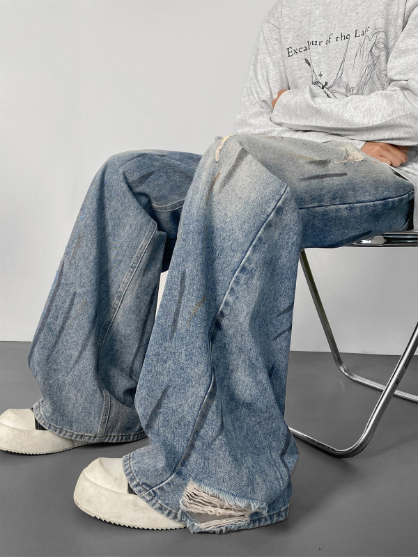 Blugi bărbați din denim, cu efect vopsire în cerneală și uzură, finisaj spălat, croială dreaptă lejeră, stil streetwear