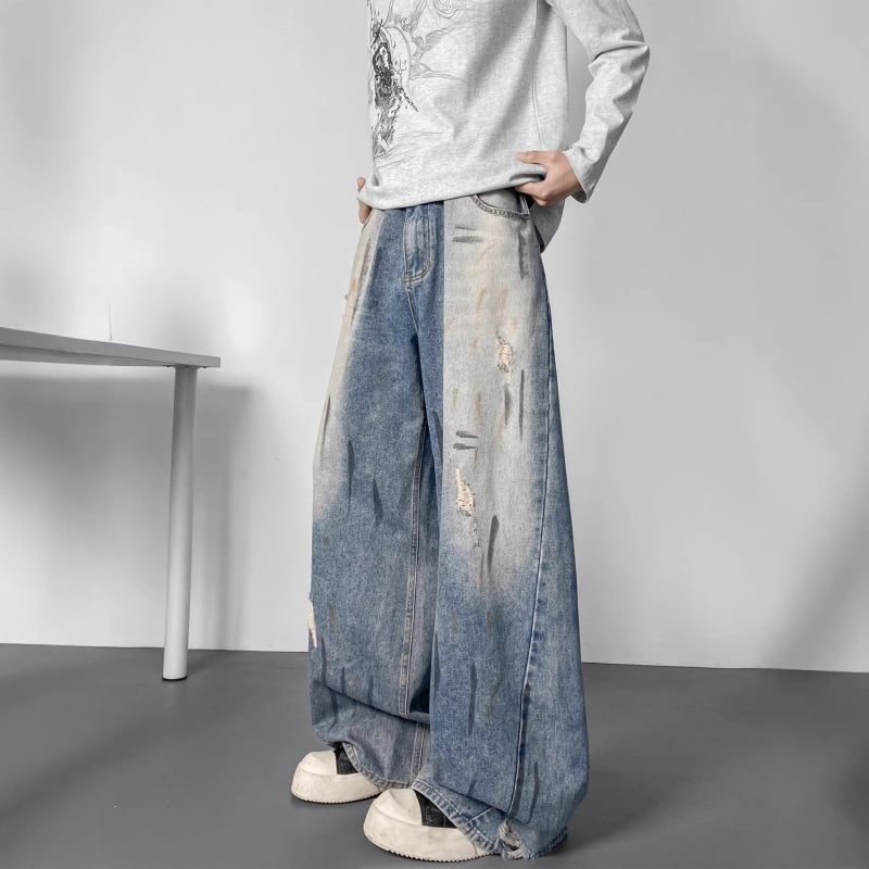 Blugi bărbați din denim, cu efect vopsire în cerneală și uzură, finisaj spălat, croială dreaptă lejeră, stil streetwear