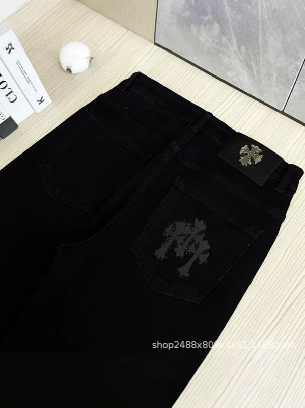 Blugi negri pentru bărbați, cu broderie în cruce, design nou, croială slim, drept, lux accesibil