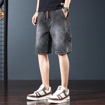 Shorts denim pentru bărbați cu talie elastică și șnur, stil vintage, casual de vară, până la genunchi