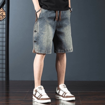 Shorts denim pentru bărbați cu talie elastică și șnur, stil vintage, casual de vară, până la genunchi