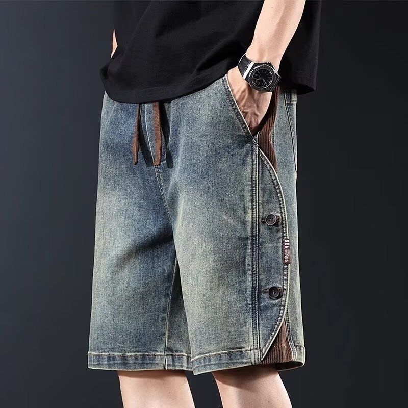 Shorts denim pentru bărbați cu talie elastică și șnur, stil vintage, casual de vară, până la genunchi