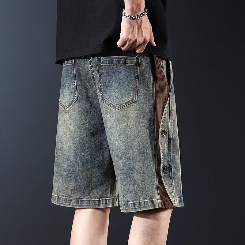 Shorts denim pentru bărbați cu talie elastică și șnur, stil vintage, casual de vară, până la genunchi