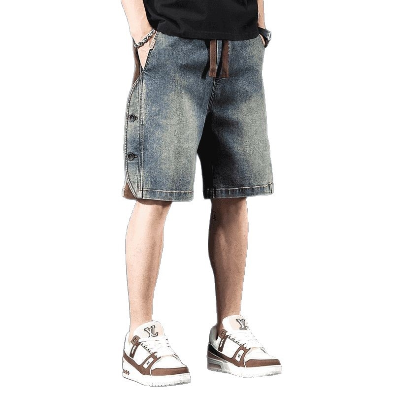 Shorts denim pentru bărbați cu talie elastică și șnur, stil vintage, casual de vară, până la genunchi