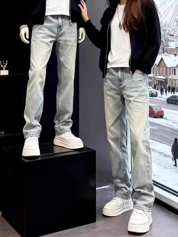 Jeans denim albastru deschis pentru bărbați, slim-fit, vară, spălare ușoară, croială dreaptă