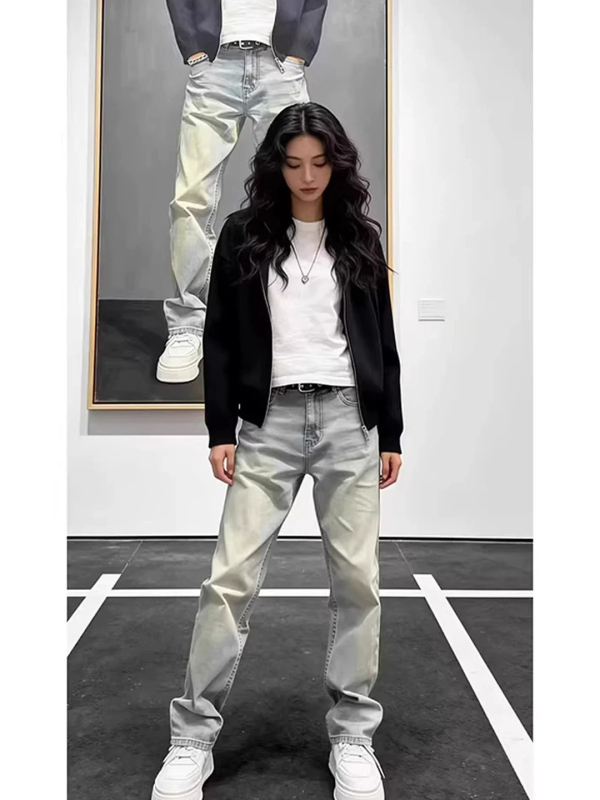 Jeans denim albastru deschis pentru bărbați, slim-fit, vară, spălare ușoară, croială dreaptă