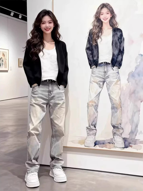 Jeans denim albastru deschis pentru bărbați, slim-fit, vară, spălare ușoară, croială dreaptă