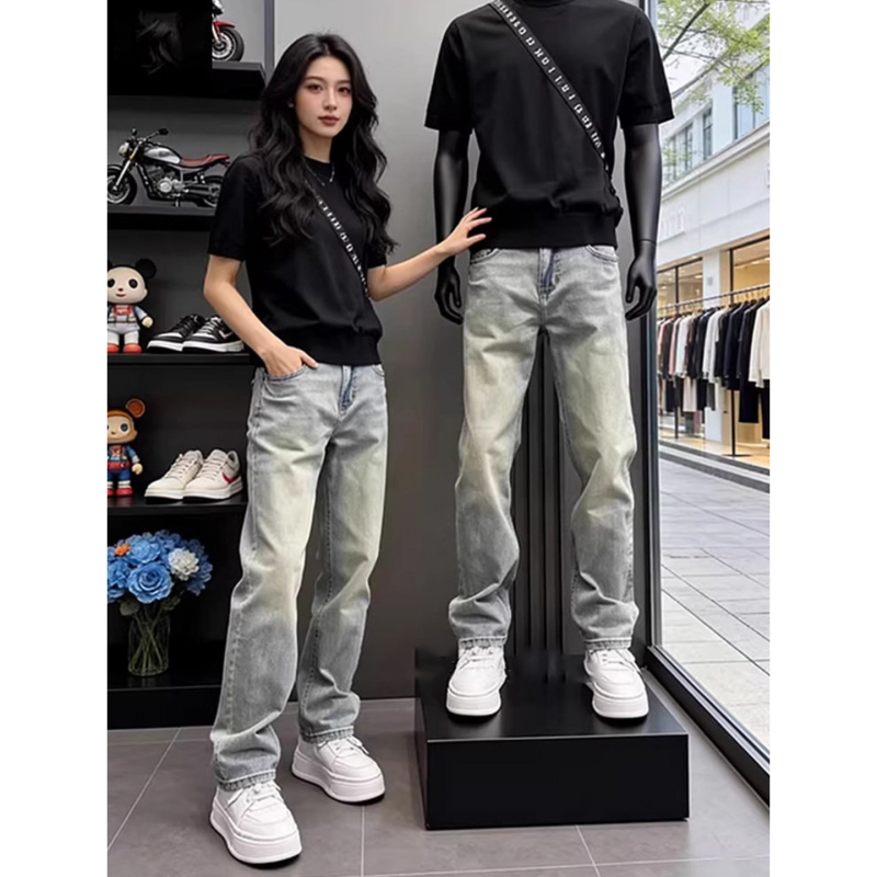 Jeans denim albastru deschis pentru bărbați, slim-fit, vară, spălare ușoară, croială dreaptă