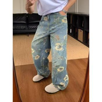 Blugi din denim cu motif floral, vibe vintage pentru bărbați, stil streetwear, croială dreaptă și wide-leg, lungime până la podea, stil de nișă