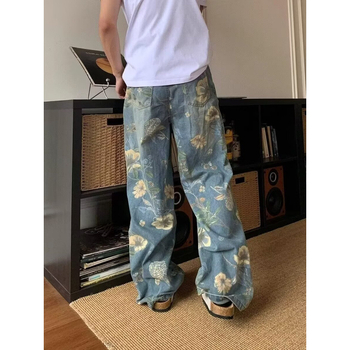 Blugi din denim cu motif floral, vibe vintage pentru bărbați, stil streetwear, croială dreaptă și wide-leg, lungime până la podea, stil de nișă