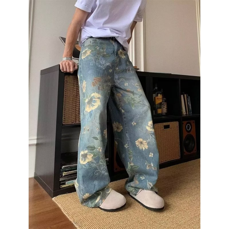 Blugi din denim cu motif floral, vibe vintage pentru bărbați, stil streetwear, croială dreaptă și wide-leg, lungime până la podea, stil de nișă