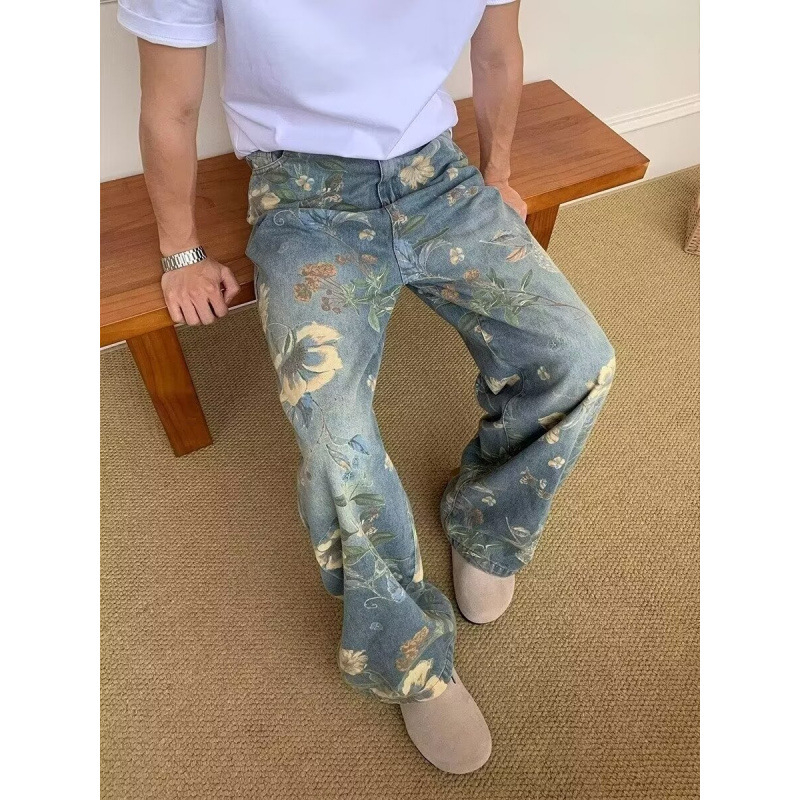 Blugi din denim cu motif floral, vibe vintage pentru bărbați, stil streetwear, croială dreaptă și wide-leg, lungime până la podea, stil de nișă