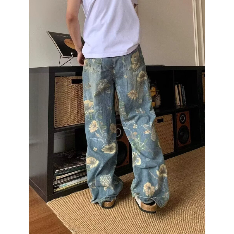 Blugi din denim cu motif floral, vibe vintage pentru bărbați, stil streetwear, croială dreaptă și wide-leg, lungime până la podea, stil de nișă