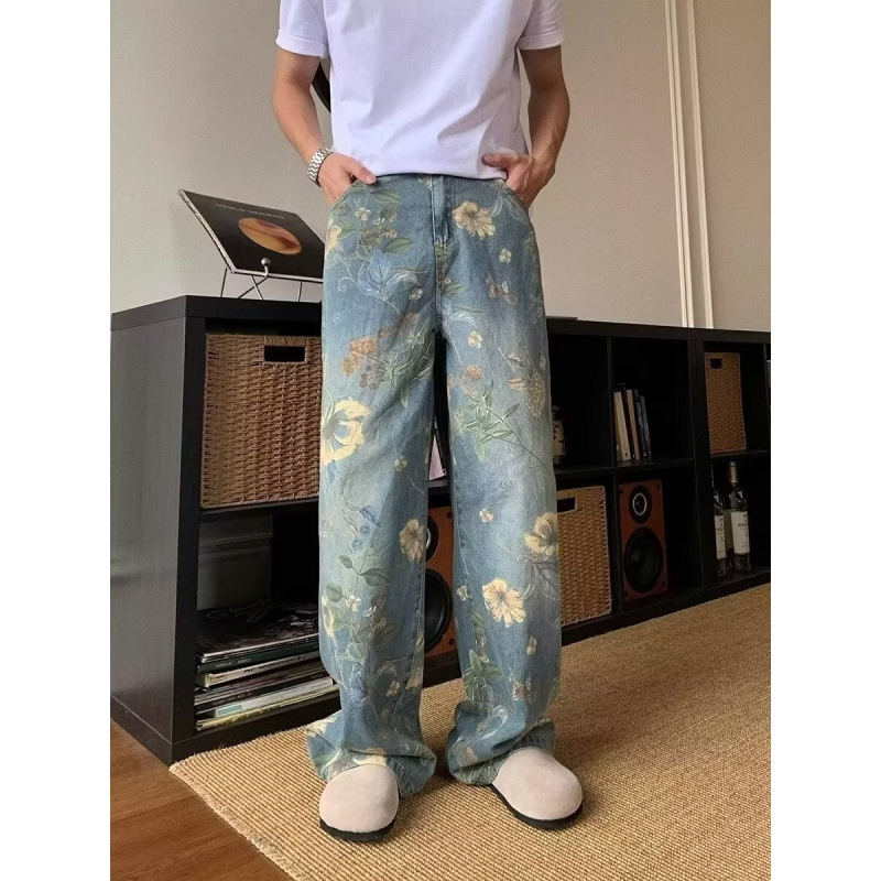 Blugi din denim cu motif floral, vibe vintage pentru bărbați, stil streetwear, croială dreaptă și wide-leg, lungime până la podea, stil de nișă