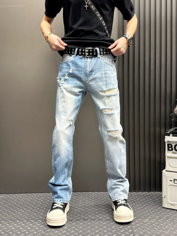 Blugi bărbați slim cu rupturi, albastru deschis, croială dreaptă, denim spălat, 2026, elastan