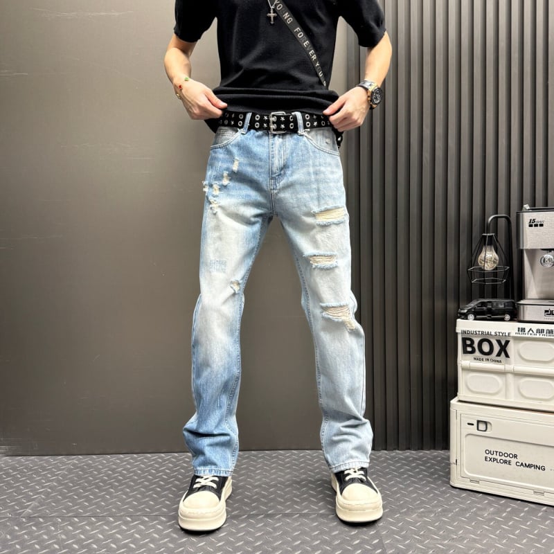 Blugi bărbați slim cu rupturi, albastru deschis, croială dreaptă, denim spălat, 2026, elastan