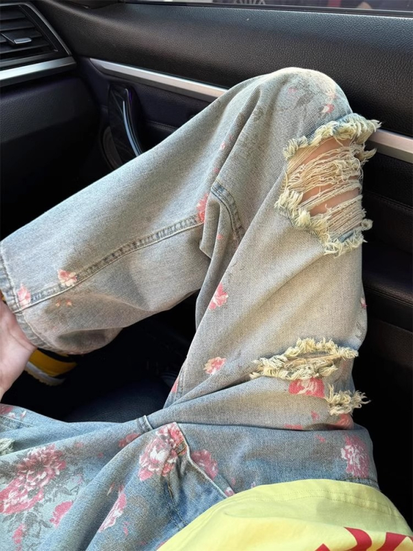 Blugi din denim cu imprimeu floral și rupturi, croială dreaptă, lejer, stil urban modern, imprimeu cu trandafiri
