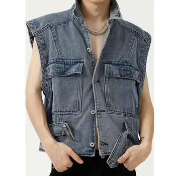 Vesta din denim scurtă, în stil Hong Kong, cu guler, casual de vară